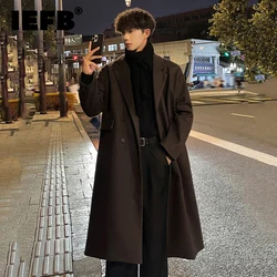 IEFB Thincked Men's Woolen Overcoats Casual Lapel Single Breasted Overknee Korean Solid Color Loose Male Windbreakers 9C8324