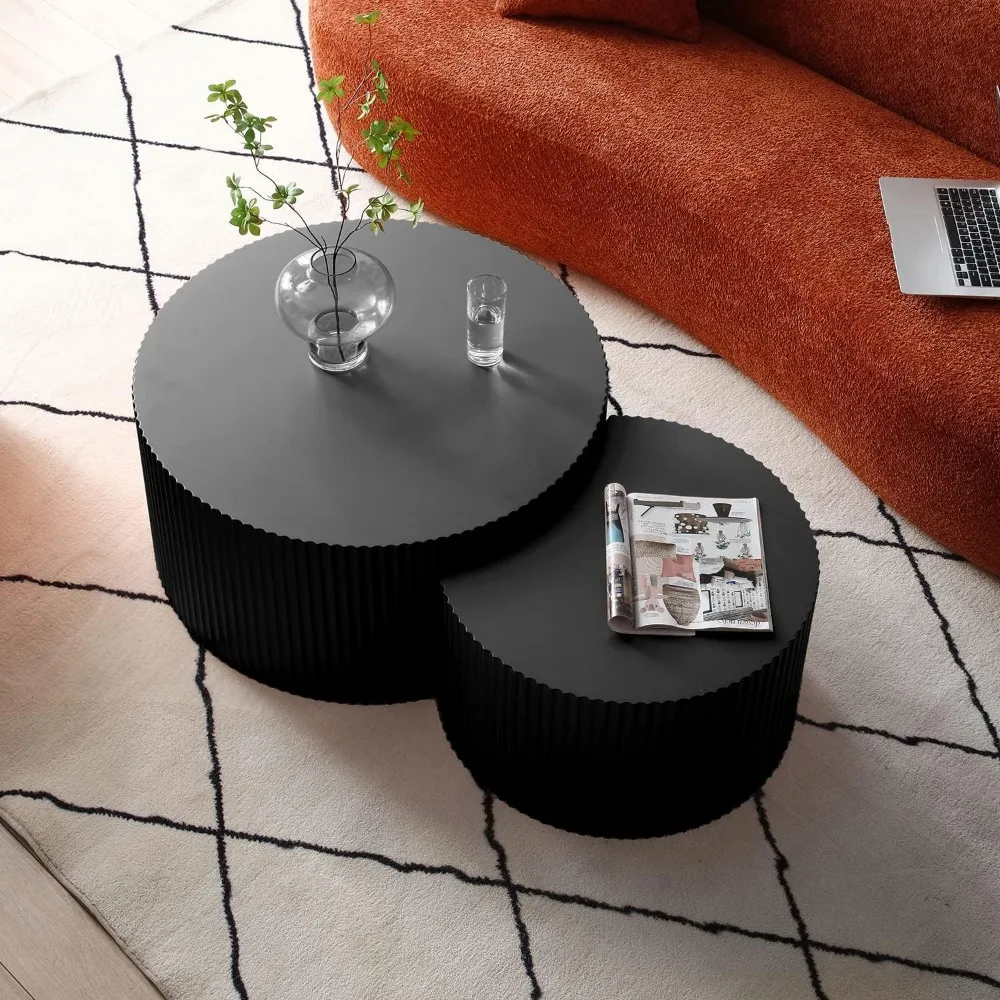 Modern Nesting Coffee Table Set of 2 Round Side End Table for Living Room, Wood Circle Drum Coffee Table Contemporary