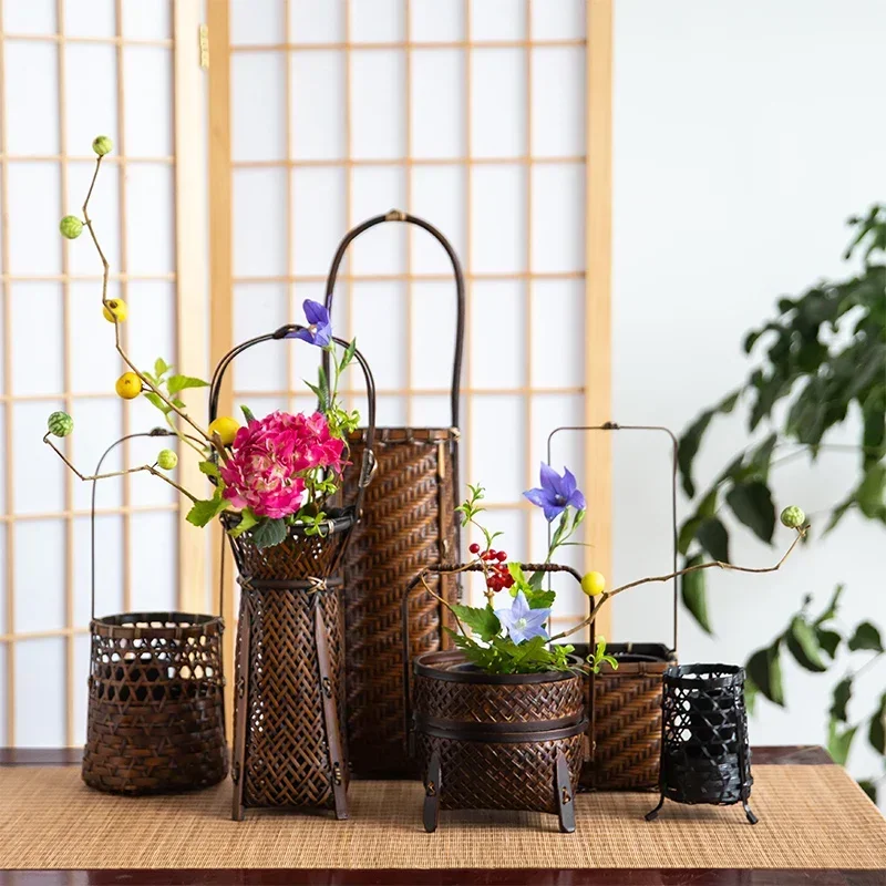 

BP52 Handwoven Small Flower Basket, Bamboo Vase, Chinese and Japanese Floral Arrangement Basket, Decorative Zen Art Holder