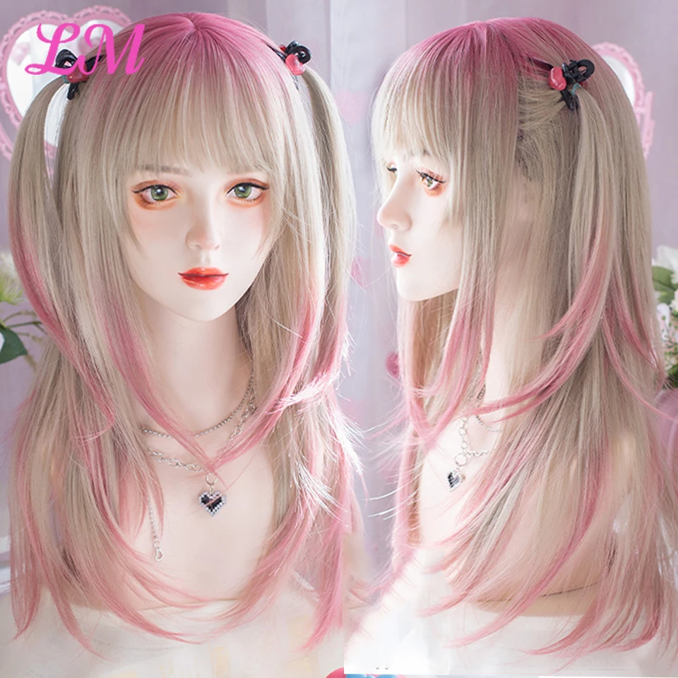 

LM Long Natural Wavy Platinum Blonde Pink Wigs with Bangs Cosplay Party Lolita Synthetic Wigs for Women Heat Resistant Fiber