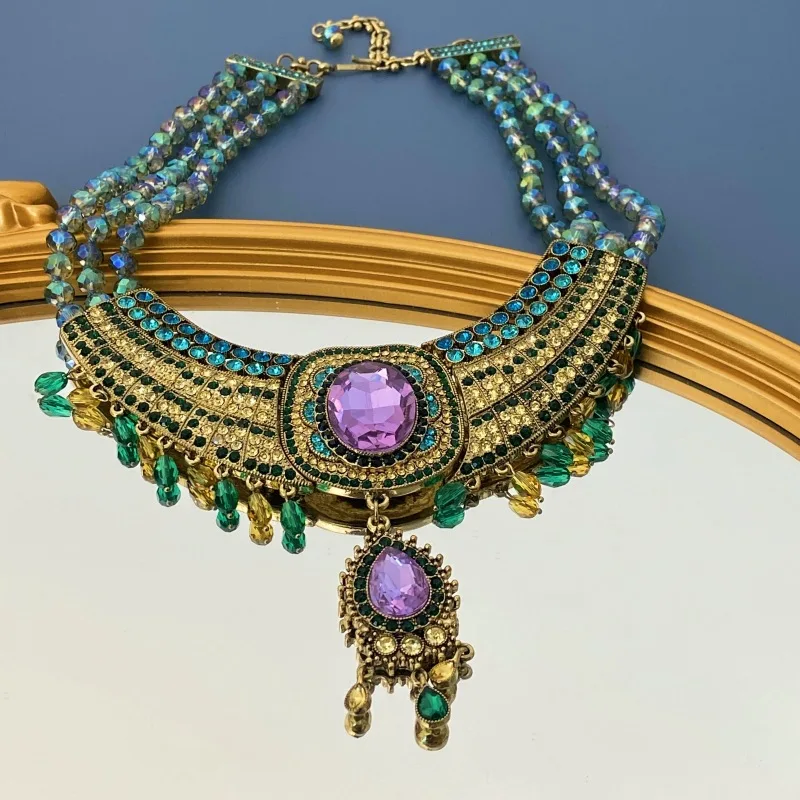 Vintage Multilayer Glass Beads Necklace Purple Crystal Light Luxury Necklaces Retro Women's Clothes Accessories For Party Gift