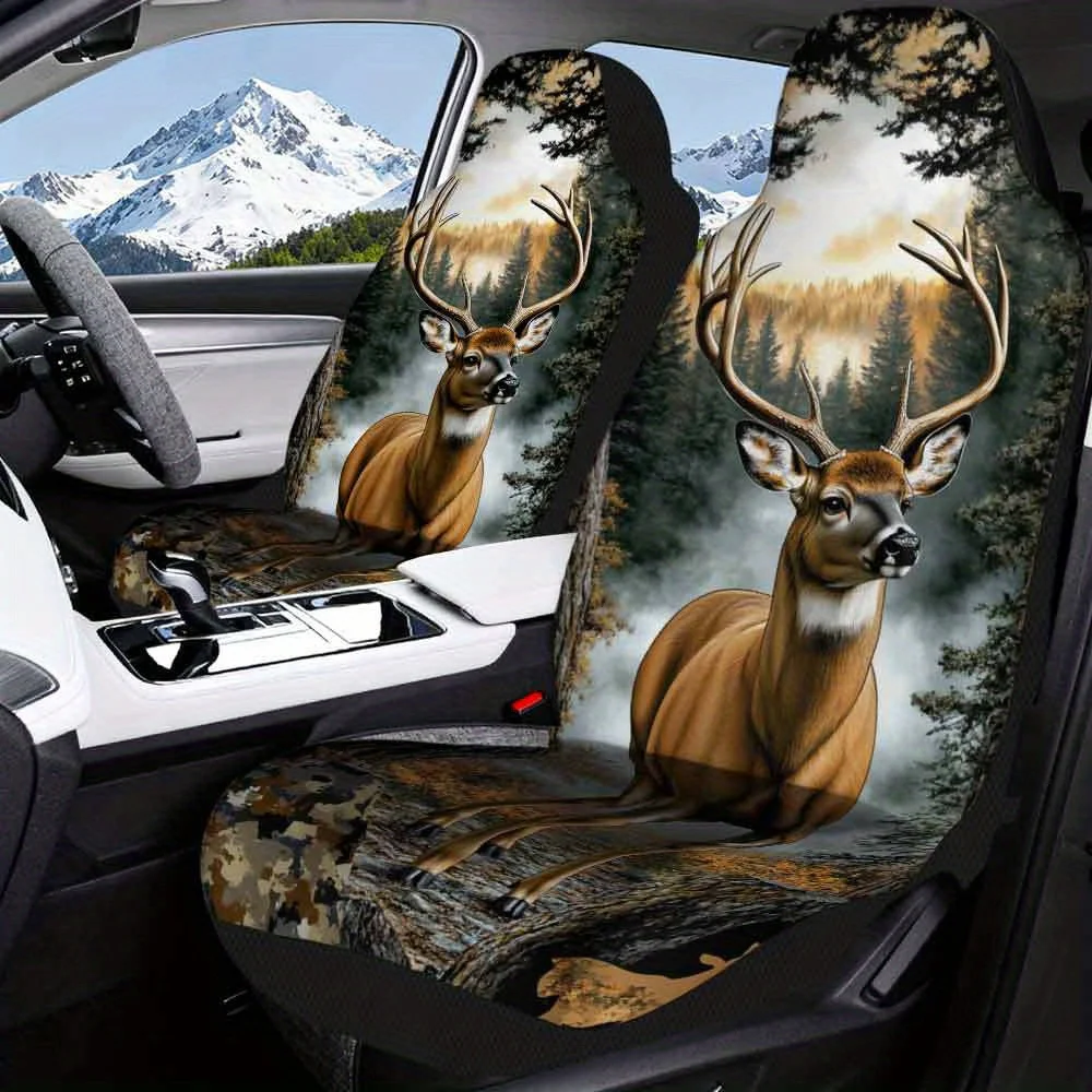 2pcs Car Seat Covers Set, Majestic Deer In Forest Print, Fashionable Vehicle Seat Covers. Fits Urban Daily Travels, Weekend Out