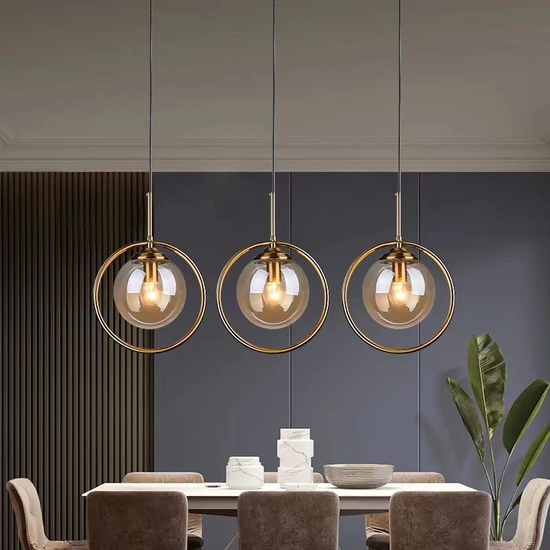 

Modern metal ring Pendant Lights Simple Glass ball Luminaire bedroom Living Room Restaurant Bar Hanging Light Decor