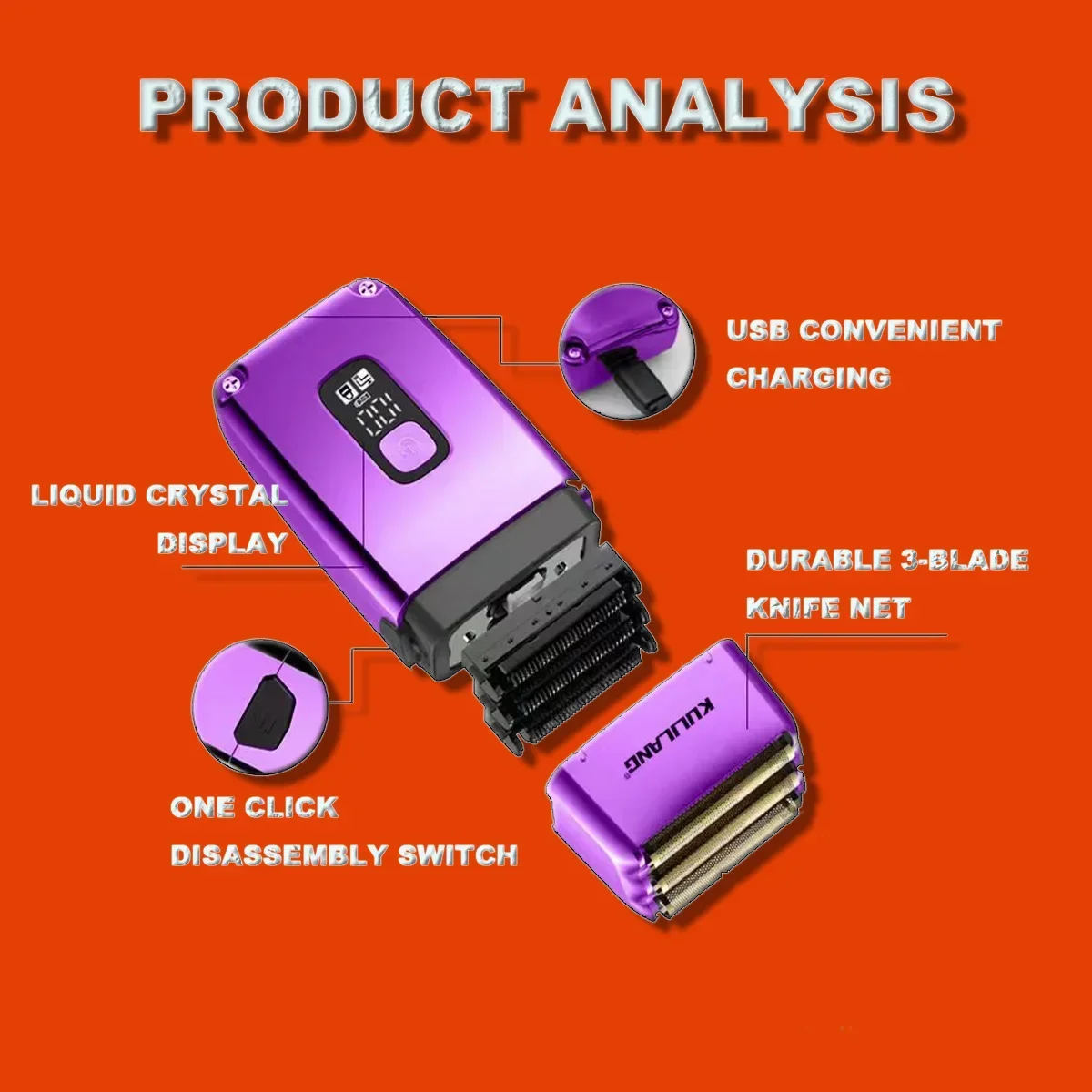 KULILANG R11F-Afeitadora de pelo eléctrica con gradiente de cabeza de aceite profesional púrpura, cuchillo chapado en titanio, recortador de peluquería de red para hombres