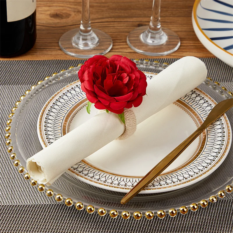 6pcs Red Rose Shape Handicraft Towel Buckle Napkin Ring Wedding Party Valentine's Day Hotel Table Decor Metal Gold Napkin Holder