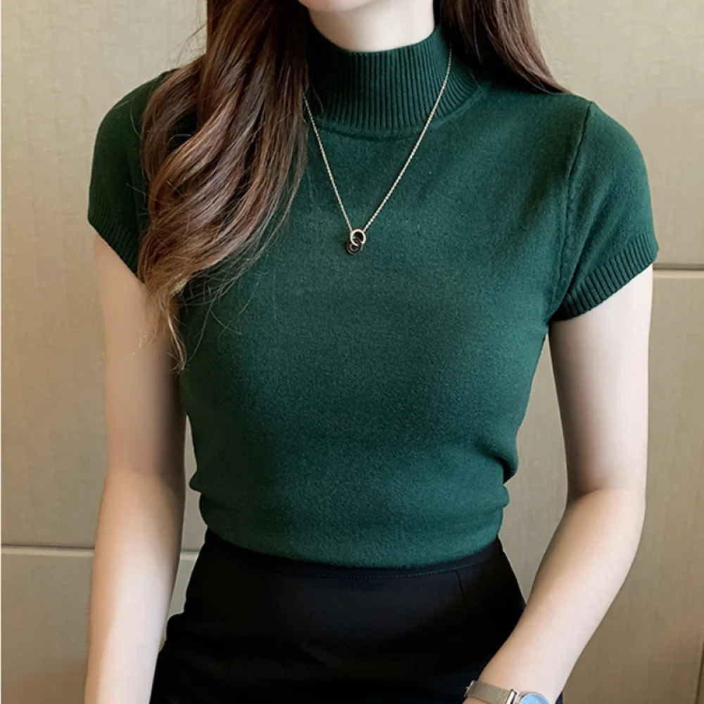 Slim Fit Half Collar Knitted Top Women Summer Short Sleeve Pullover Casual Solid Basic Tee Stylish Soft Elastic Fabric Blouse