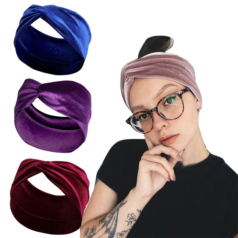 Gold Velvet Headband Bright Solid Color Versatile Cross Knot Bow Headwear Hair Accessories for Women Wide Hairband Turban