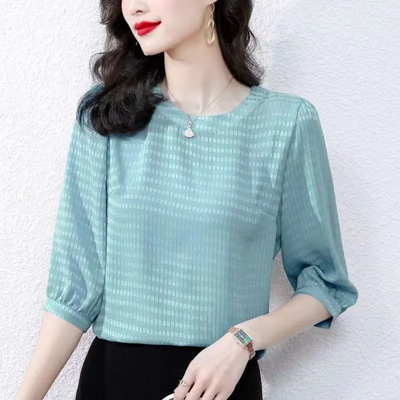 Elegante blusa monocromática de chiffon feminina, dobra com tudo, pulôveres casuais extragrandes, camisa de senhora do escritório, roupas de verão,