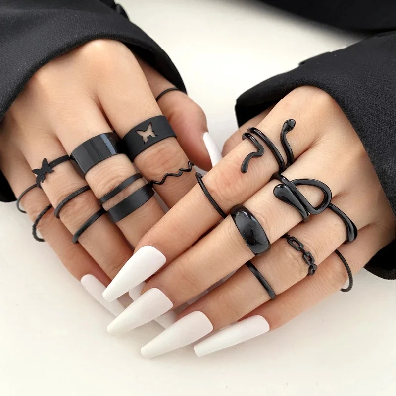 16Pcs/set Punk Finger Rings Minimalist Smooth Gold Color Black Geometric Metal Rings for Women Girls 2022 Trendy Party Jewelry