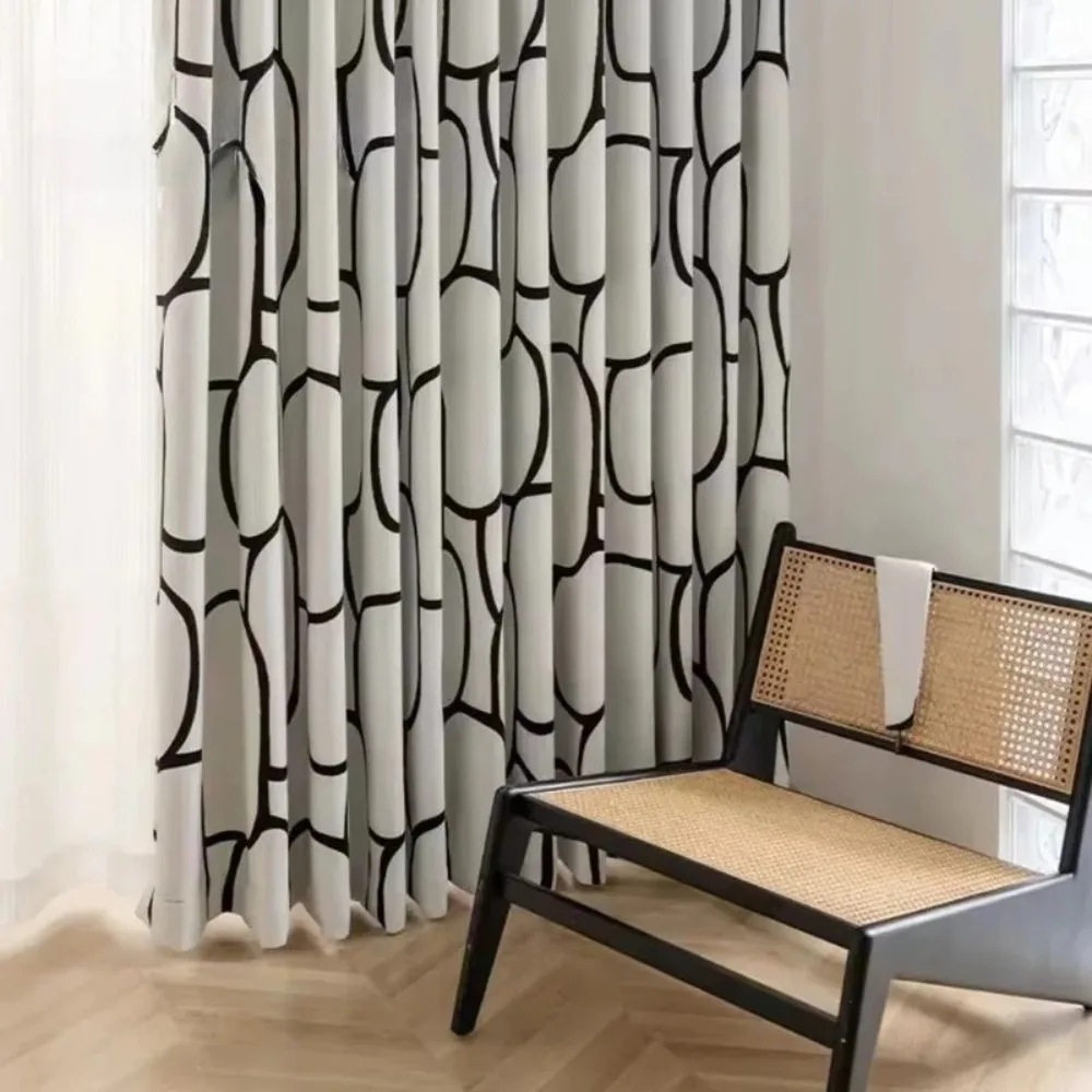 Custom French Abstract Curve Striped Chenille Black White Jacquard Curtains for Living Room Bedroom Blackout Soundproof Drapes