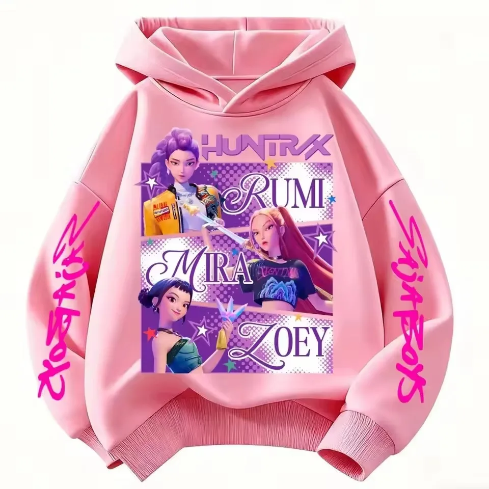 220g Schwerer Fleece-Wärmehoodie mit Anime-Huntrx-Motiv, Drei-Mädchen-Grafik, Kinder-Mode, Lila Pullover-Sweatshirt für Mädchen – Detail 6