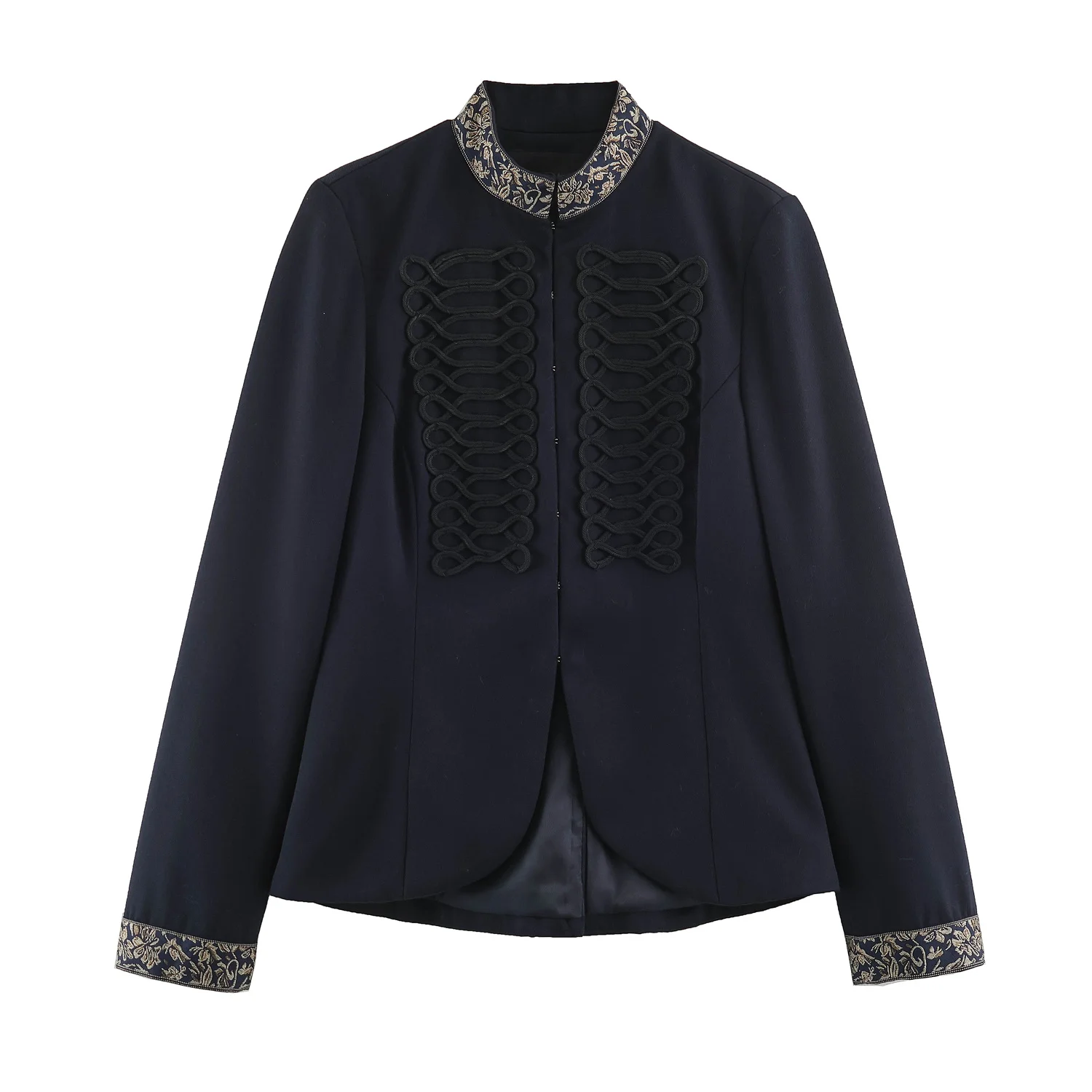 Damen Herbstmode, bestickte Jacken, elegante Jacken mit Stehkragen und Knöpfen, schwarze Jacken, Freizeitjacken, langärmelige Vintage-Napoleon-Jacken. – Detail 3