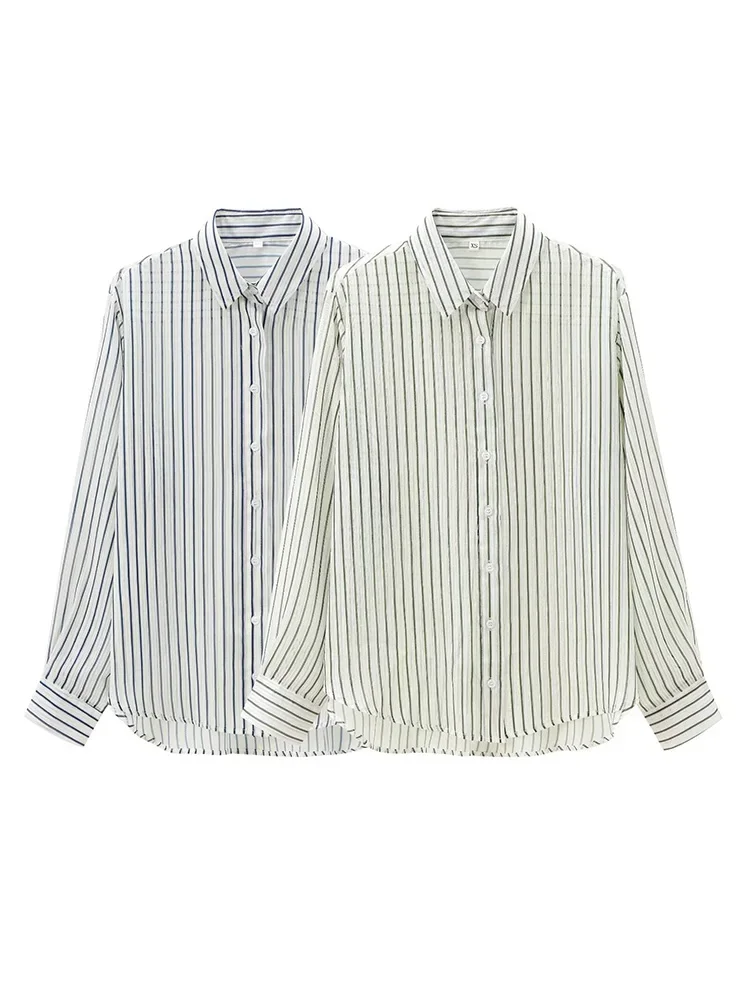 Willshela Women Fashion Striped Single Breasted Blouse Vintage Lapel Neck Long Sleeves Female Chic Lady Shirts