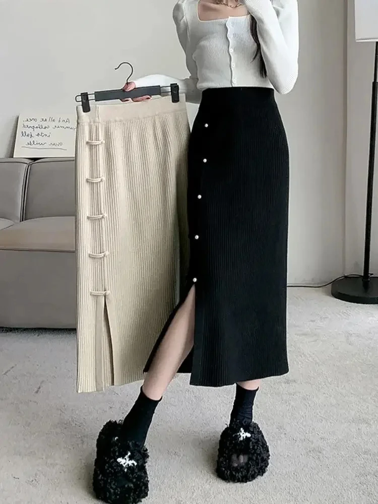 Autumn Winter Knitted Skirts Women Frog Side Slit Elegant Midi Chinese Style Casual Fashion Retro Solid Simple All-match A-line