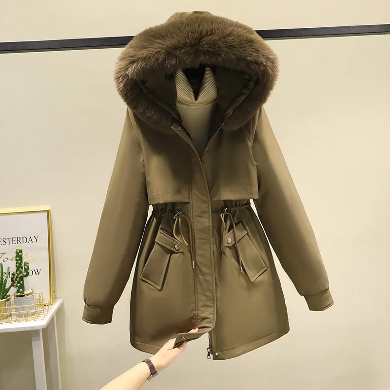 Parka com capuz com colarinho de pele grande para mulheres, casaco quente, casaco grosso, roupas de cordão, fino, inverno, novo, 2023