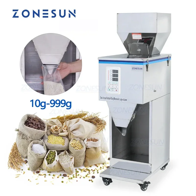 ZONESUN ZS-999 Riempitrice e pesatrice per polvere granulare per riso, semi, chicchi di caffè - Attrezzatura per imballaggio alimentare da 10-999 g