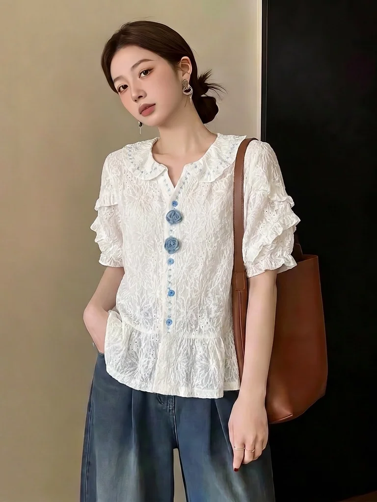

Cute Doll Collar Lace Shirt Women's Short Sleeve Shoulder Length Korean Style Summer New plus Size Fat MM Super Beautiful Top