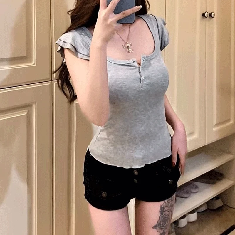 Elegantes Damen-T-Shirt mit Quadratischem Kragen, Kawaii Kurzarm-Oberteil, Pullover, Y2K Vintage Damen Crop Top mit Knöpfen, Sommerkleidung 2026