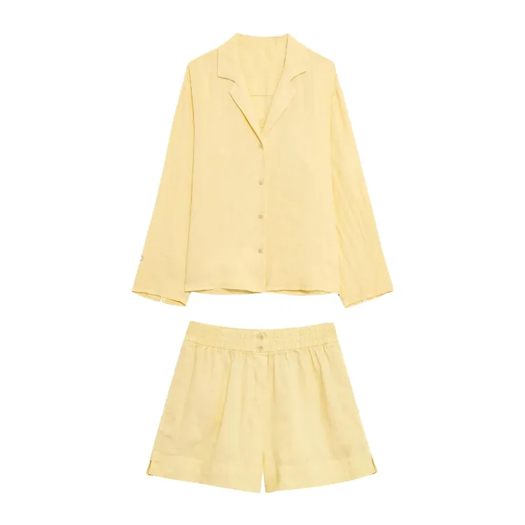 ชุดเซ็ตเสื้อเชิ้ตผ้าลินินแขนยาวปกเชิ้ตติดกระดุมแถวเดียวสำหรับผู้หญิงสไตล์ลำลอง + กางเกงขาสั้นเอวยางยืดมีกระเป๋า
