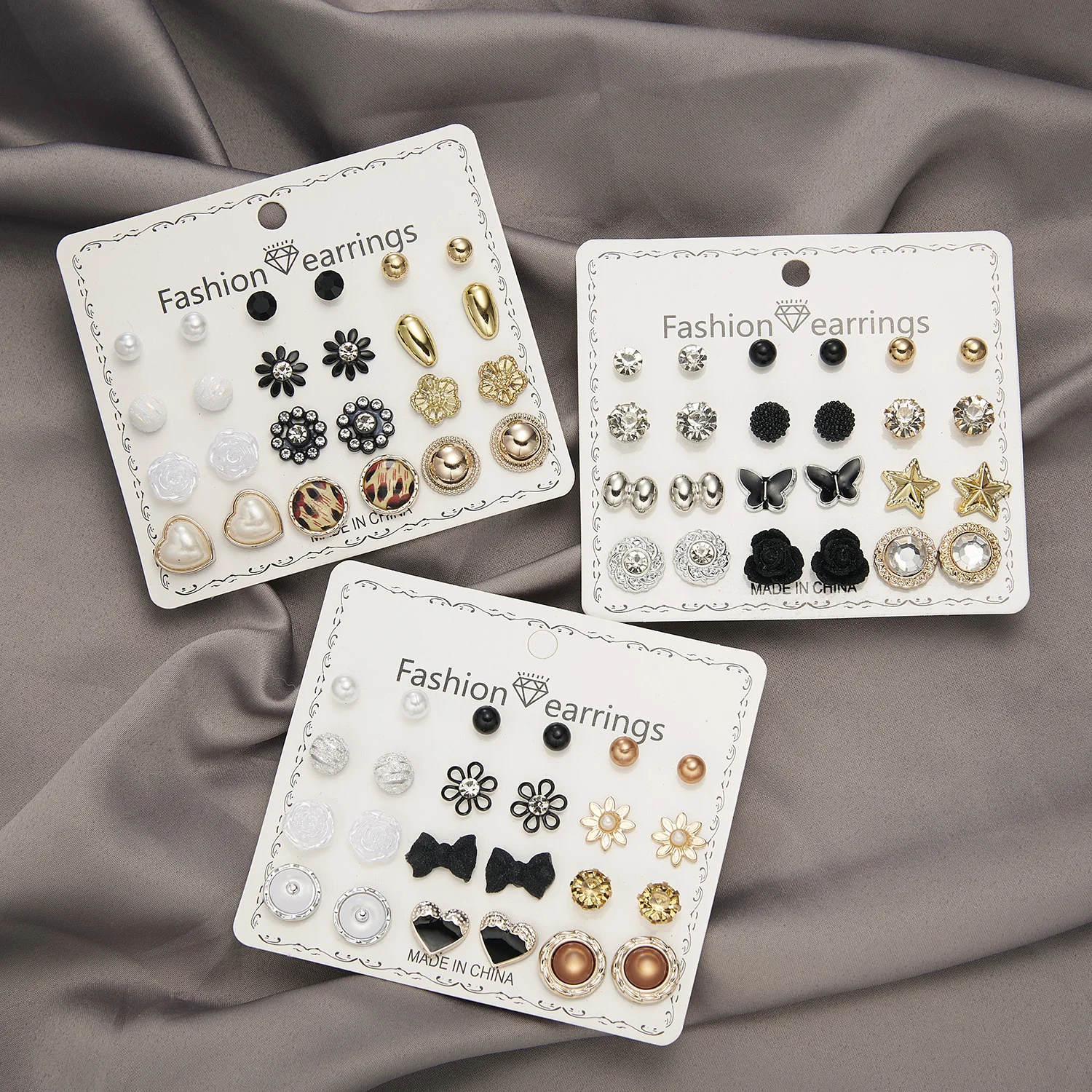 12Pairs Combination Piercing Stud Earrings Set Crystal Pearl Butterfly Flower Heart Star Mix Small Earring for Women Jewelry