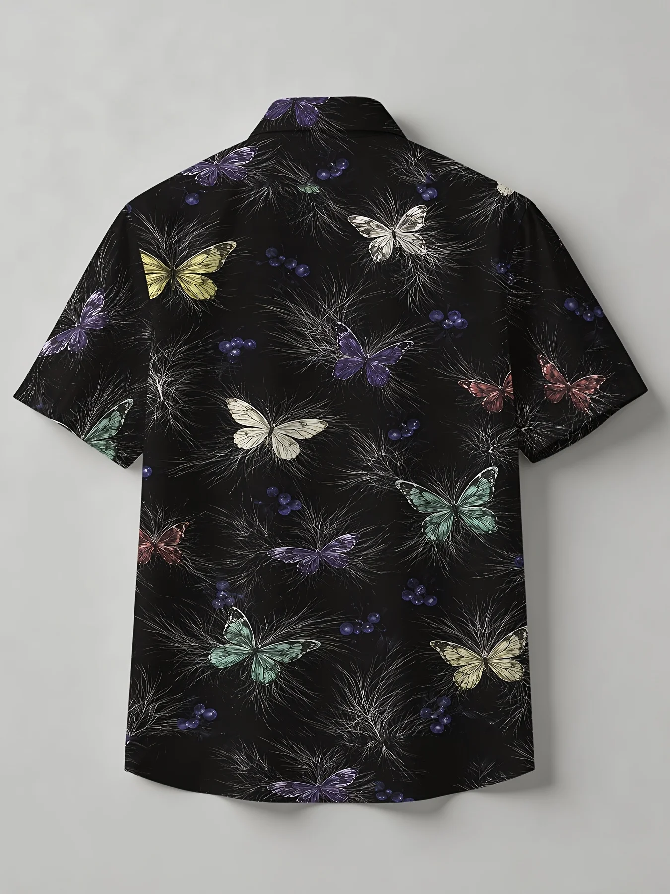 Men Short Sleeve Shirt Black Base Colorful Vintage Butterfly Print Turn‑Down Collar Hawaiian Casual Tops