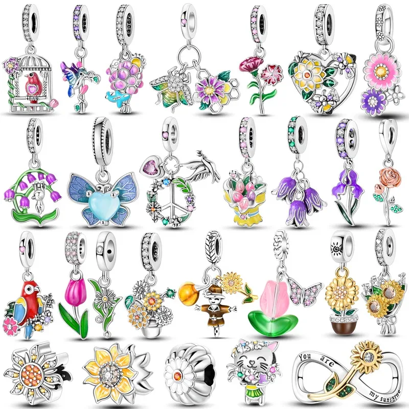 

925 Silver Plated Flowers Charms Beads Pendants Sunflower Dangle fit Bracelet CZ Pave Jewelry Making