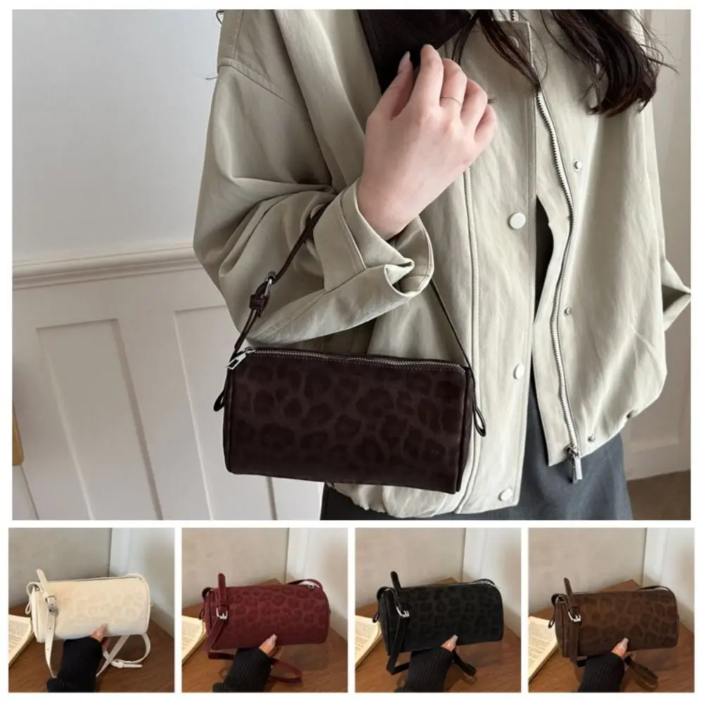 Portable Suede Leopard Underarm Bag Leopard Print Cylinder shape Cylinder Handbag Crossbody Bag Daily