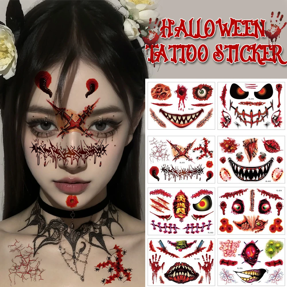 Halloween Funny Facial Tattoo Sticker Waterproof Sweat-proof Breathability Realistic No Damage To Skin Temporary Tattoo Stickers