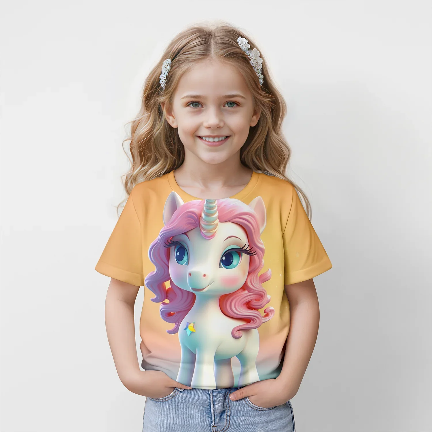 2024 Nouvel Été Enfants Licorne Graphique Hauts T-shirts 3D Impression T-shirt Enfants Décontracté Manches Courtes Vêtements Filles Sport Streetwear