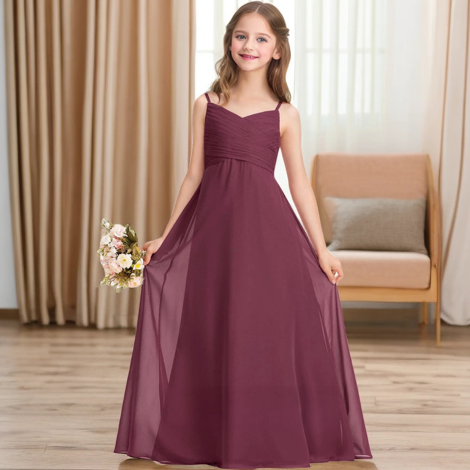 Spaghetti Straps A-Line Chiffon Junior Bridesmaid Dress Wedding Pageant Birthday Party Evening Ball Gown Celebration For Kids