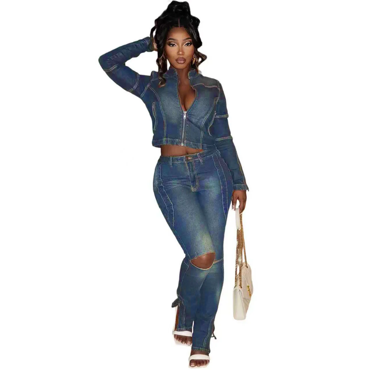 

Two Pieces Women Pant Sets Solid Denim Matching Sets Hole Long Sleeves Top Button Zipper Fly Waist Full Length Pants 2026 Spring