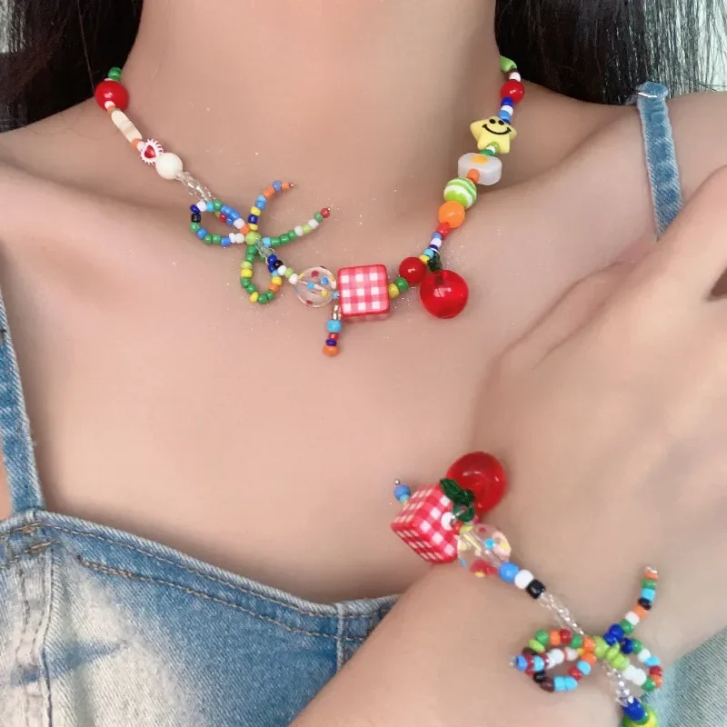

Dopamine Colored Bow Bead Apple Star Necklace Girl Sweet Bracelet Design Collarbone Chain Design Versatile Beaded Choker Jewelry