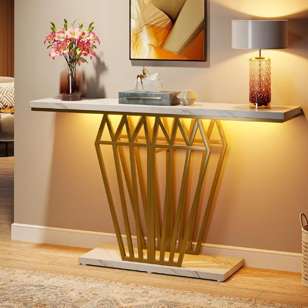 

Console Table, Modern 47.24-Inch Entryway Table with LED Lights, Narrow Hallway Accent Table with Gold Metal Base