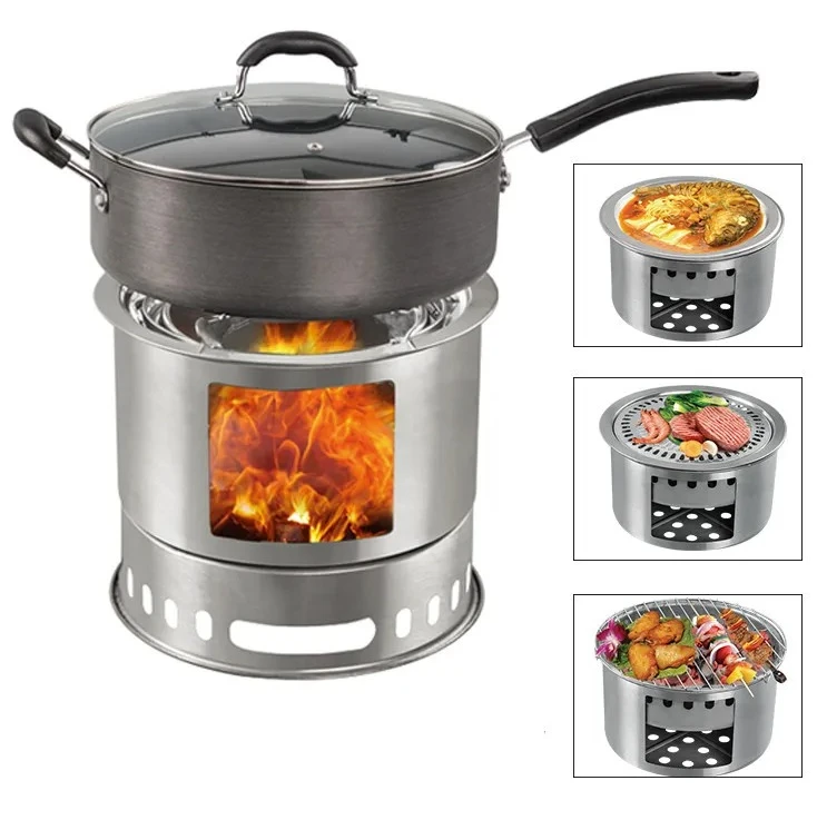 Stainless Steel Outdoor Wood Burning Stove Portable Camping Furnace Multi‑Vent Design for Picnic Barbecue Cooking