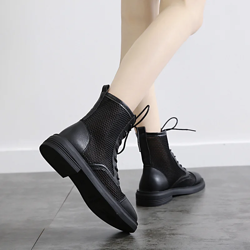 Summer Breathable Mesh Ankle Boots for Women Fashion Black Beige Lace Up Casual Shoes Woman Flat Platform Square Toe Cool Boots