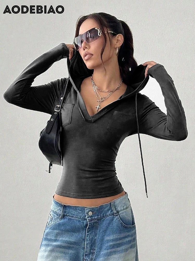 AODEBIAO Grey Hooded Hoodie Women Coat Autumn Long Sleeves Crop Top Fashion Hoodie Casual Streetwear Slim Pullover Hoodie Women