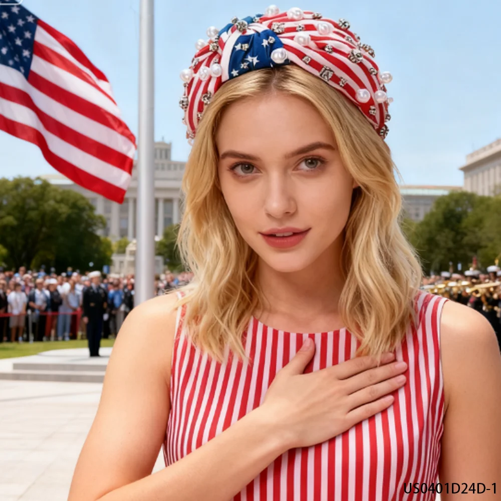 PESENAR Independence Day Flag Printed Pearl Headband, Gorgeous Retro Style Holiday, Suitable for Independence Day Cosplay