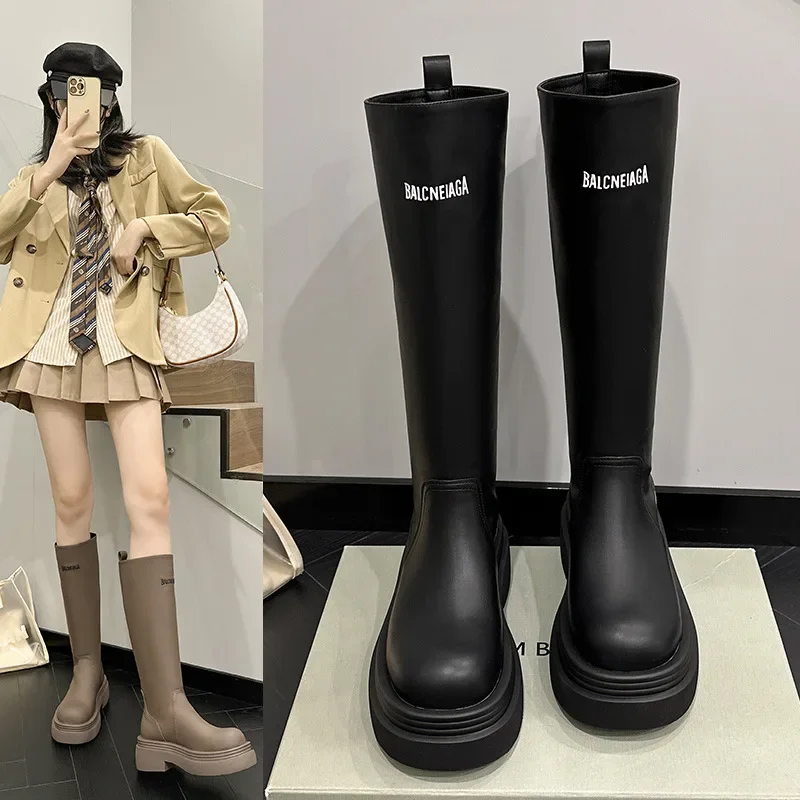 Nuova collezione Brand Designer autunno New Black Chunky Heel Womens Knee High Vintage Boots Botas Femininas De Couro Legitmos