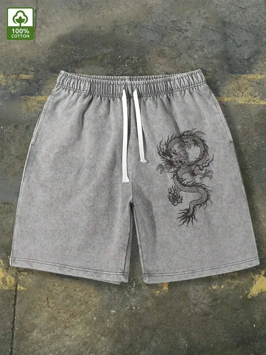 

Mens 100% Cotton Washed Loose Fit Shorts With Dragon Print Elastic Waist Drawstring Casual Streetwear