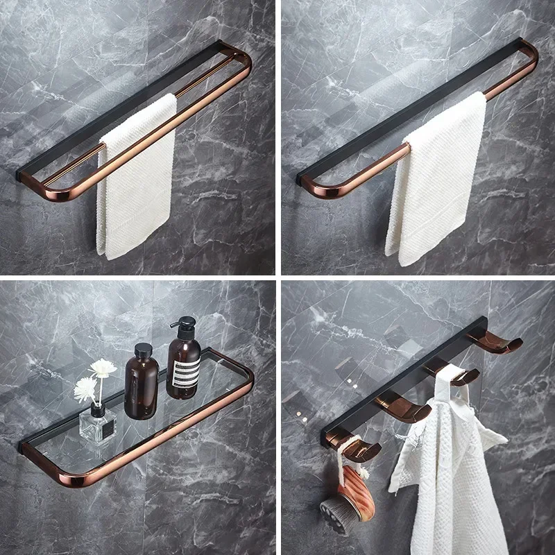 

Rose Gold & Black Copper Bath Hardware Accessory Brass Towel Rack Corner Shelf Tissue Holder Hook Toilet Brush Nail Punched New.