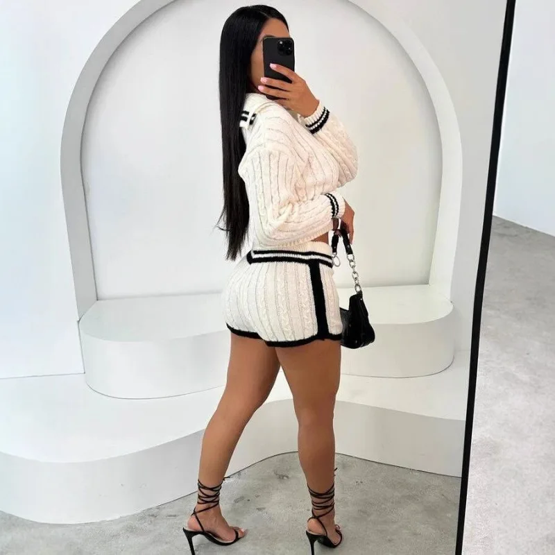 Knitted Women 2 Piece Set Long Sleeve Zipper Fly Crop Sweaters Striped Mini Shorts Matching Set 2024 Autumn Winter Streetwears