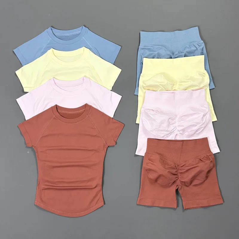 2Pcs Gym Shorts Set Women Sports Breath T Shirt Seamless Low Waist Butt Lifting Short Leggings Workout Fitness Running Yoga Sets