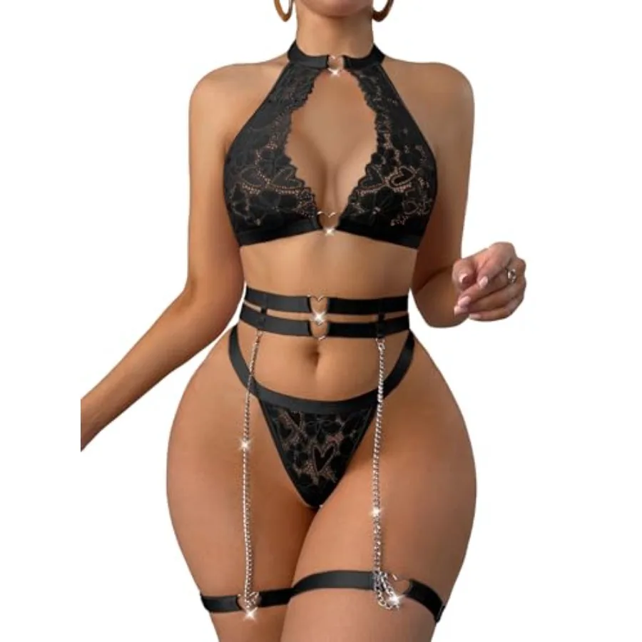

Sexy Cutout Chain Floral Lace Halter Heart Ring Garter Belt Lingerie Set 3 Pcs