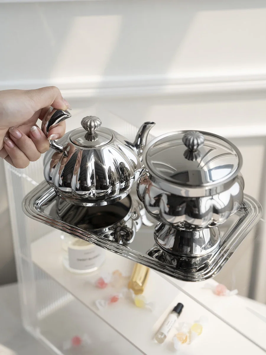 Nordic Luxury Stainless Steel TeaPot Retro Sugar Bowl Coffeepot Candy Jar with Lid for Home Decoration Afternoon Tea Holtel