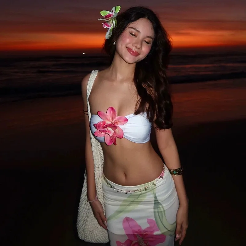 Ins Chic Y2K Trendy Tropisch Pak Dame Vrouwelijke Bloemenprint Set Strandvakantie 3D Bloem Top Hippe Rok Outfit Feest Nachtclub Set