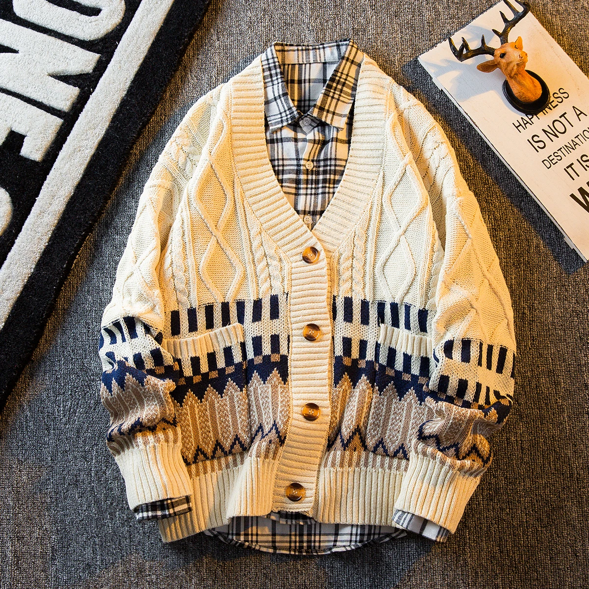 Men's Japanese Vintage Argyle Paneled Sweater Knit Cardigan Ethnic style Oversized V-Neck Edgy Streetwear Loose Knitted Coat view 4