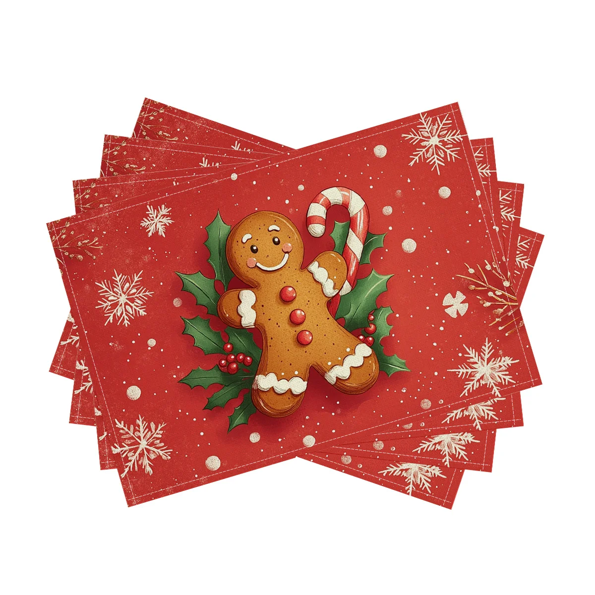 4pcs Festive Christmas Placemats Snowflake Gingerbread for Man Design, Polyester, 18x11.8 Inch, Hand Wash Only