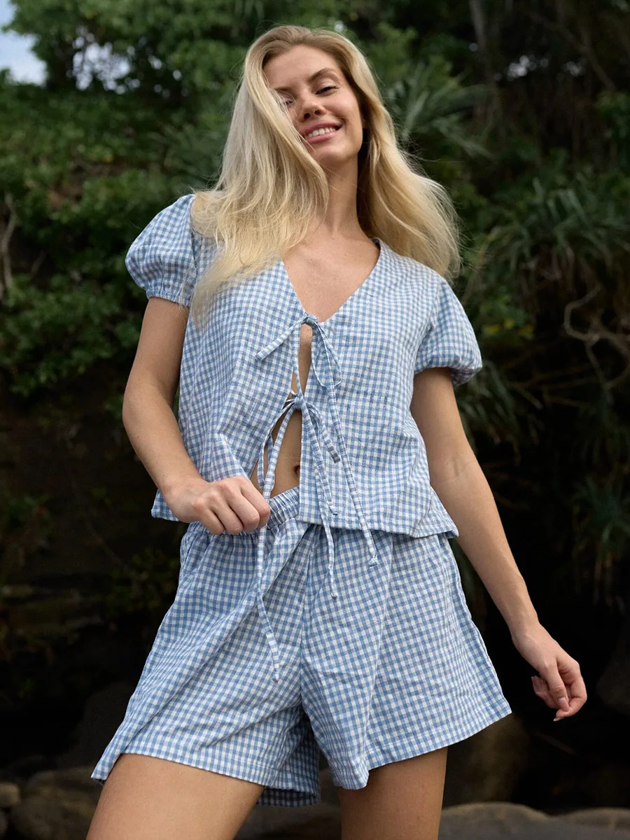 

Bornladies Women's Plaid Shirt Short Sleeve Set Elegant Puff Sleeve Lace-Up Shorts Two-Piece Outfit Summer New