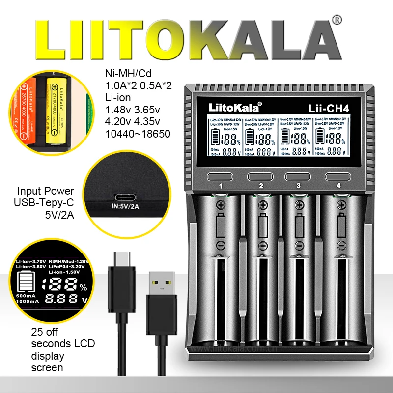 Liitokala Lii-402 18650 3.7V 3.2V 3.85V 26650 20700 14500 21700 25500 16340 1.2V NiMH Lithium Rechargeable Battery Charger