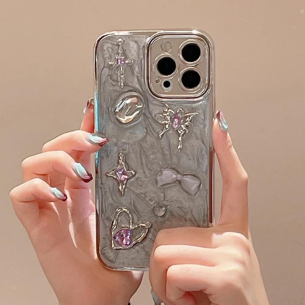 Qianliyao 3D Love Heart Cross Silver Electroplated Phone Case For iPhone 16 15 14 13 12 11 Pro XS Max XR X Soft Shockproof Cover